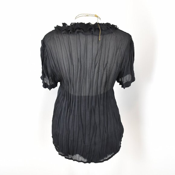 VTG 00s Y2K Sunny Leigh Black Sheer Pleated Ruffle Short Sleeve Button-Up Blouse - Picture 3 of 6